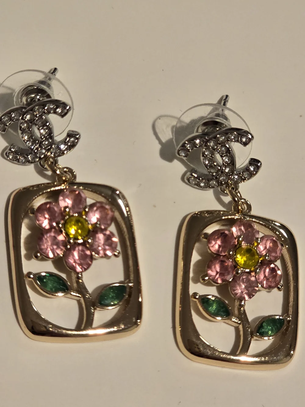 Chanel- Crystal Floral Drop Earrings - Pink & Green